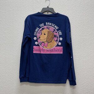 Simply Southern Womens Long Sleeve Shirt Size Medium Blue Pink Dogs Pawsome Life